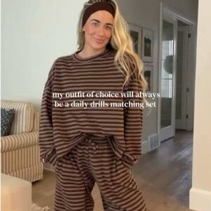 Daily Drills Cotton Brown Striped Long Sleeve Top & Pants Set